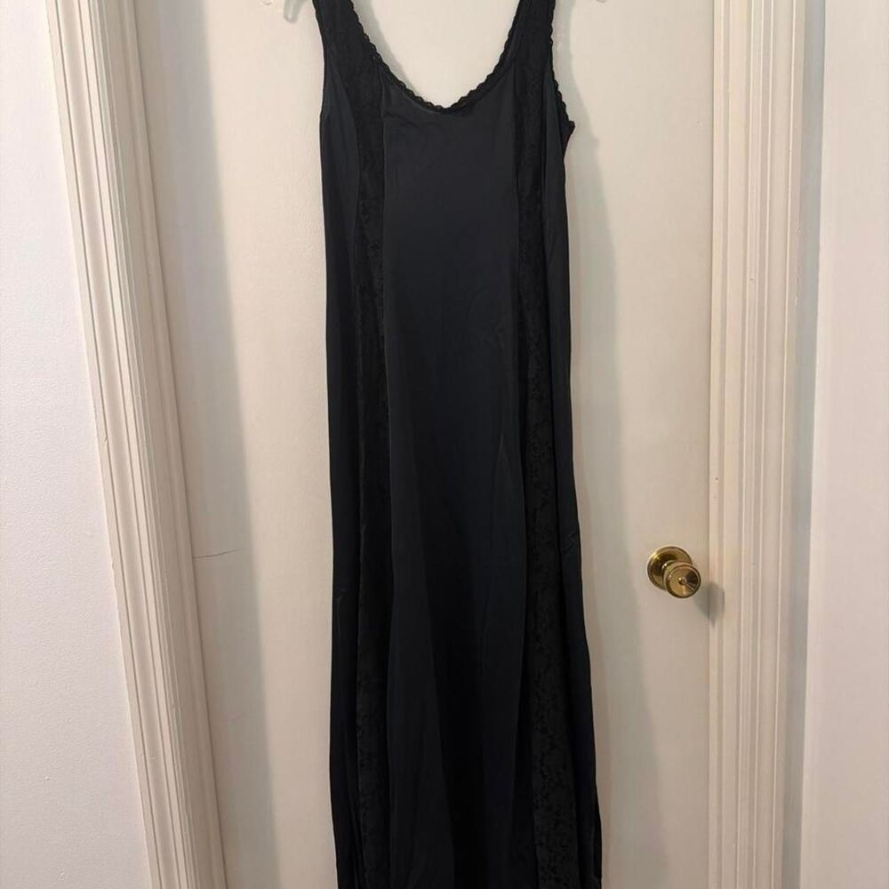 Vintage 70's Women's Long Black Silky Nightgown with see through lace detailing.